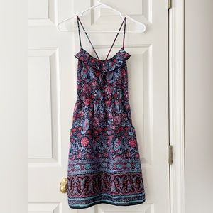 American Eagle Boho Colorful Paisley Floral Ruffle Dress with Ties and Pockets